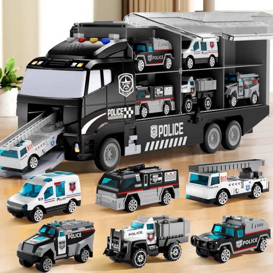 Police Truck Vehicle Toy Set with Play Mat, Die-Cast Toy Car Carrier Truck