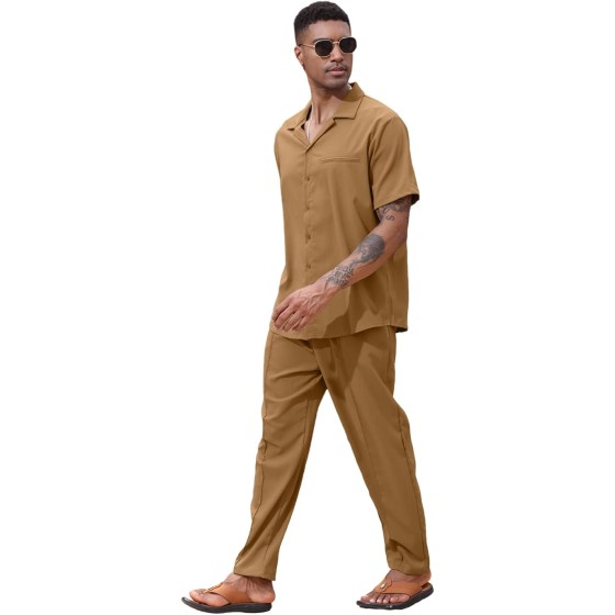 Lexiart 2 Piece Set for Men Beach Outfits Cuban Collar Button