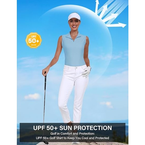 MoFiz Women's Sleeveless Golf Polo Tennis Shirts 1/4 Zip Quick Dry Lightweight Athletic Tank Tops for Running Workout