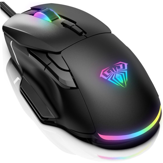 AULA Gaming Mouse, 12800 DPI RGB Wired Gaming Mouse with 13 Backlit Modes & 6 Programmable Macro Buttons, PC Gaming Mice Support DIY Keybinding, Mouse Gamer for Laptop PC Mac, universal, Black