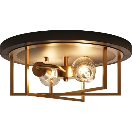 Tribesigns Metal Flush Mount Ceiling Light Fixtures, 2-Light Ceiling Mount for Farmhouse with Gold Lines Design, Industrial Kitchen Ceiling Light, E26 Bulbs, Hallway, Entryway and Foyer