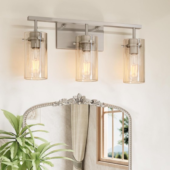 Tribesigns 3-Light Bathroom Vanity Light, Brushed Nickel Light Fixtures Over Mirror for Living Room, Bedroom, Hallway, Gallery, E26 Base