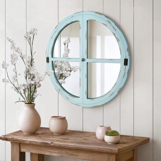 30" Round Window Mirror, Vintage Coastal Wall Mirror with Distressed Blue Wood Frame & Faux Windowpanes, Farmhouse Cottagecore Decor for Living Room, Entryway, or Dining Room